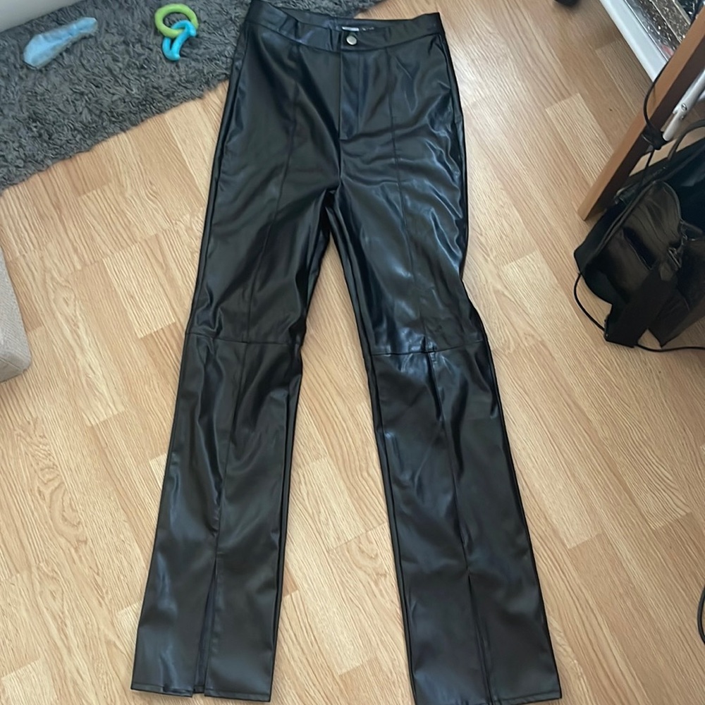 Misguided Black Leather Straight Leg Pants with Slit
